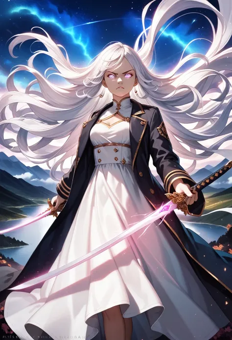 anime-style, beautiful girl, long flowing white hair, military-style black coat, white dress, holding glowing swords, dual swords, glowing light, determined expression, focused gaze, wind-blown hair, dramatic landscape, starry night sky, vibrant rainbows, ...