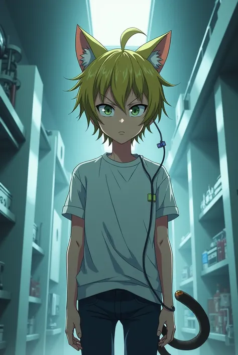 Serious anime boy with yellowish green hair and cat ears and tail,in a laboratory being an experiment