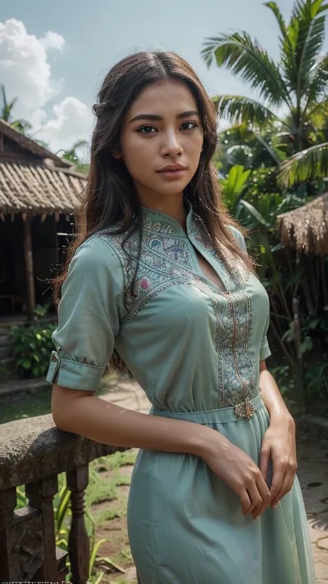 beautiful detailed eyes, beautiful detailed lips, extremely detailed eyes and face, long eyelashes, 1 girl, kebaya, traditional indonesian dress, intricate pattern, village, rural, lush greenery, rice fields, traditional architecture, soft lighting, warm c...