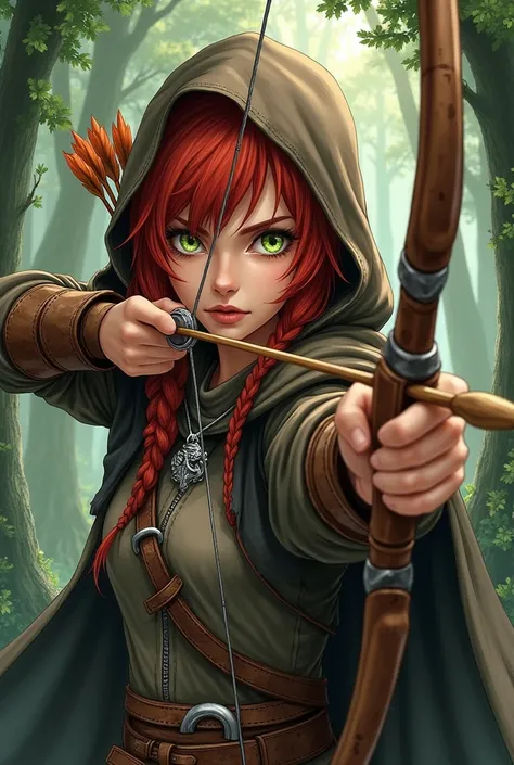 An elf, red hair, greeneyes, medieval leather clothing, brown hood, using bow and arrow, background forest, dense forest, serious look, concentrated, silver necklace with dragon symbol, Arte estilo de anime, done in pencil