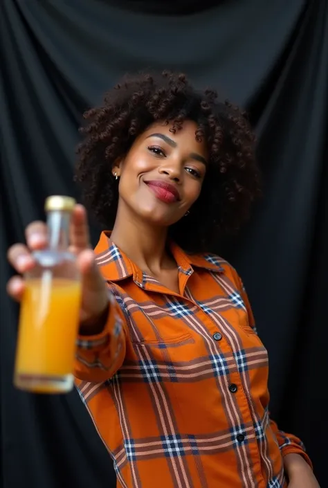 A light skin black woman in a warm colored plaid shirt, open smirk, with a bottle of fruit liqueur in his hand towards the camera, with a black fabric simulating a photography studio, in an external area, artistic pose 