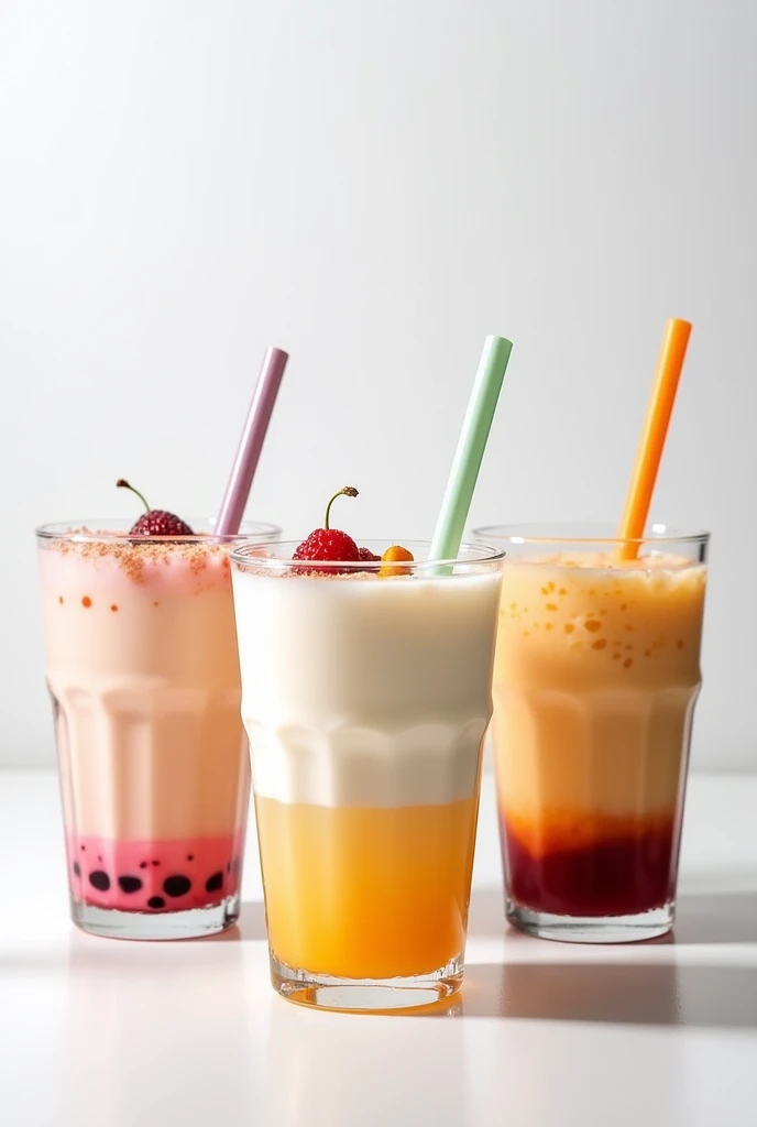 Give me imags of milktea different flavors in a cup with straw, im using it for marketing, ecommerce website, make it white background