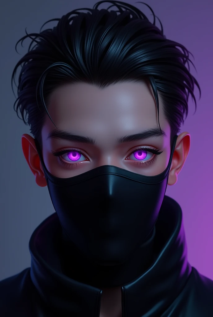 Avatar of a free fire boy with slicked back hair with a black mask and purple eyes