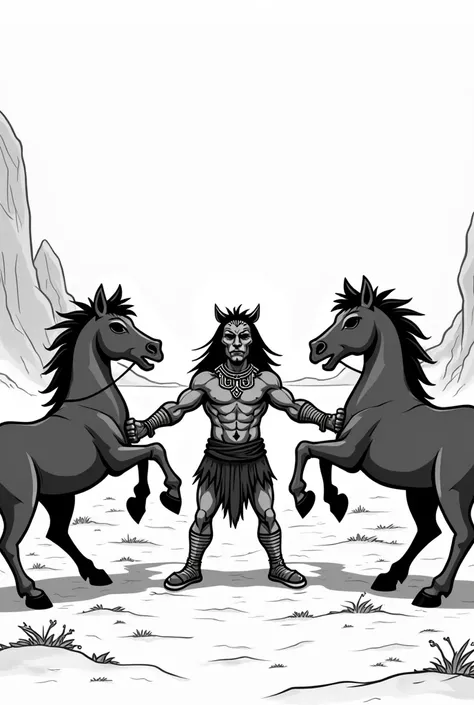 Create the death of Tupac Amaru when he is pulled on 4 horses in black and white as a cartoon