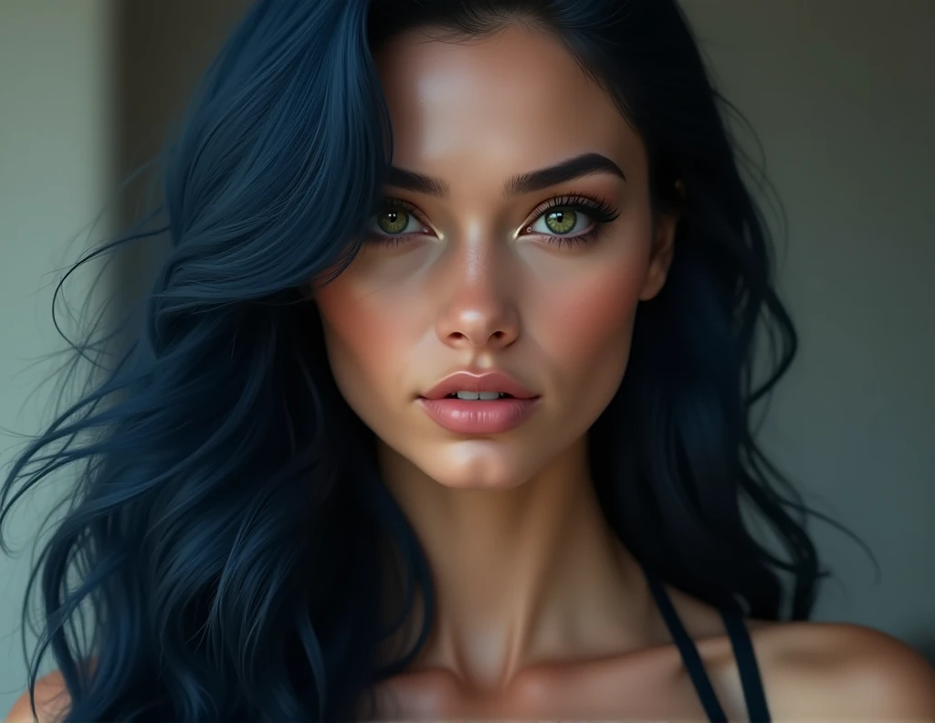 An ultra-realistic, stunning woman with long, dark blue hair cascading down her shoulders and deep, dark green eyes that captivate with their intensity. Her skin is soft and flawless, with beautifully defined eyebrows and naturally long, lush eyelashes. Sh...