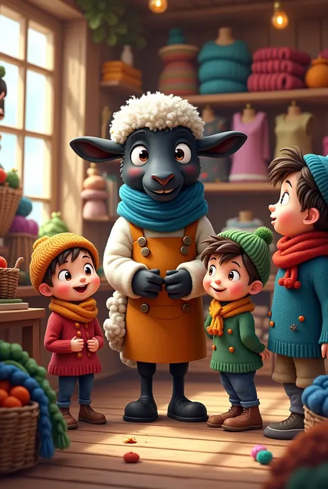 Create a  cartoon  black sheep  as a shopkeeper  who is standing on  his woolen items  shop with  three cartoon  children of  eight years old  asking abut something  some more customers  are also there 