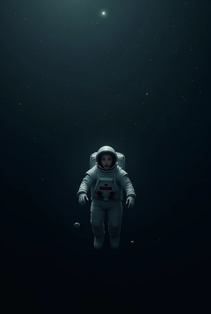 20 year old man with blue eyes floating alone in the vast space, wear an astronaut suit, His face reflects overwhelming terror. It is surrounded by an infinite black void, dotted with distant stars. The loneliness and vastness of the cosmos highlight their...