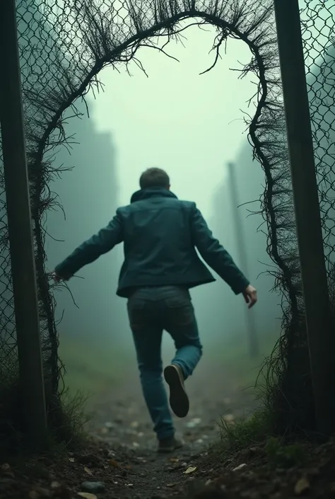 framing shot photography, Mesh fence, seen a guy run through broken mesh fence, Composition position.View from their back.