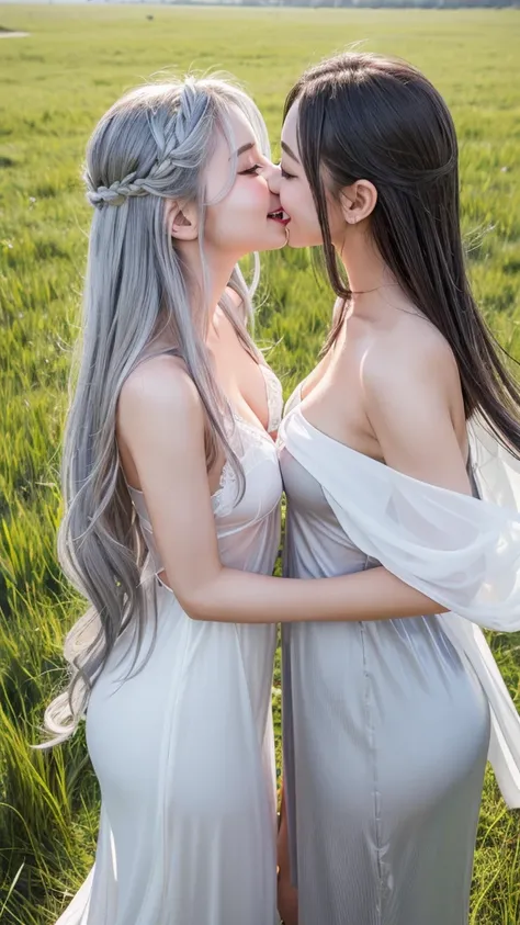 High resolution, Small breasts、wet white wear、Transparency、Gray Hair、Gray Hair、smile（Tongue out）、twins、kiss、grassland、Small breasts、Long Hair, Shortcuts, 