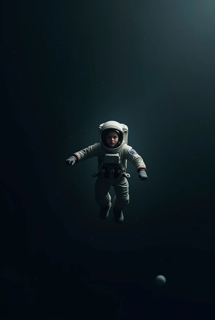 20 year old man with blue eyes floating alone in the vast space, wear an astronaut suit, His face reflects overwhelming terror. It is surrounded by an infinite black void, dotted with distant stars. The loneliness and vastness of the cosmos highlight their...