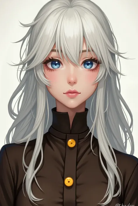 Create one with white hair, clear blue eyes, dark brown clothes yellow buttons, and the photo in 2d