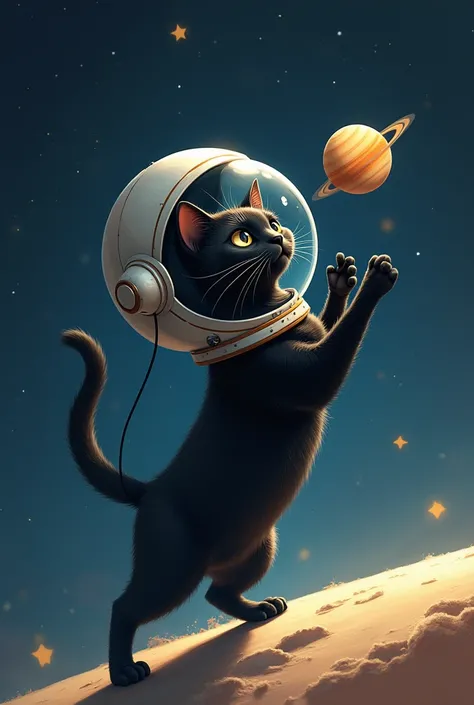 Simple black cat with astronaut helmet on its back trying to catch a miniature Saturn with its paws 