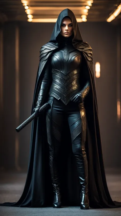 Create an imposing image of a supervillain. She is in a dominant pose, with a cold and calculating expression. His eyes glow with a menacing tone, reflecting his relentless nature.

His outfit is an elegant and dark armor that mixes elements of fantasy and...