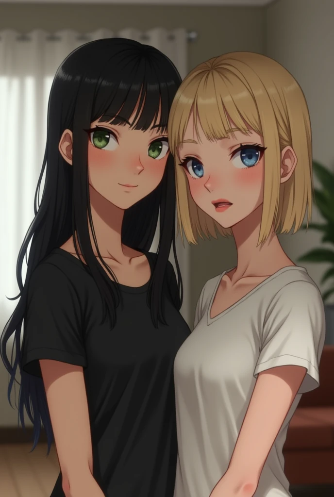 Realistic image of Two women standing next to each other one being white slender green eyes long straight black hair with bangs on her forehead delicate face wearing a black women&#39;s shirt, the second woman is white, thin, blonde, short straight hair do...