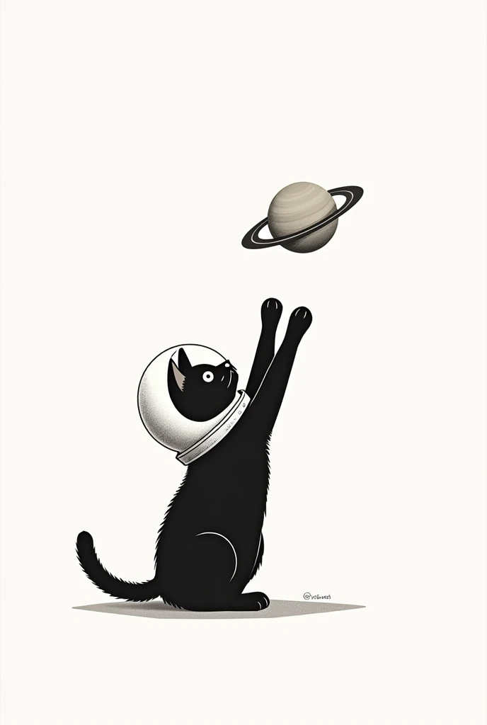 Logo Simple black cat with astronaut helmet on its back trying to catch a miniature Saturn with its paws 