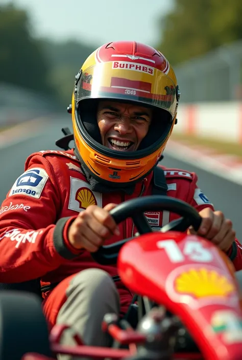 Ayrton Senna in a go-kart giving the middle finger 