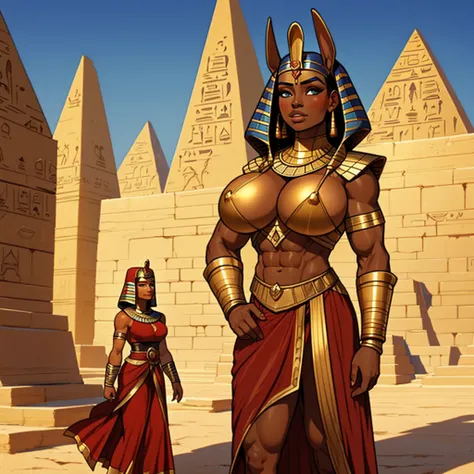 Very huge muscle female ancient egytpian warrior 2 female royal guards, protecting the pharaoh, with adoring look, extremely tanned, dark skinned, huge pecs, oiled skin, sunny, ancient egypt, pyramid on the background