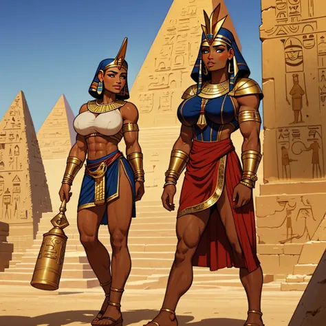 Very huge muscle female ancient egytpian warrior 2 female royal guards, protecting the pharaoh, with adoring look, extremely tanned, dark skinned, huge pecs, oiled skin, sunny, ancient egypt, pyramid on the background