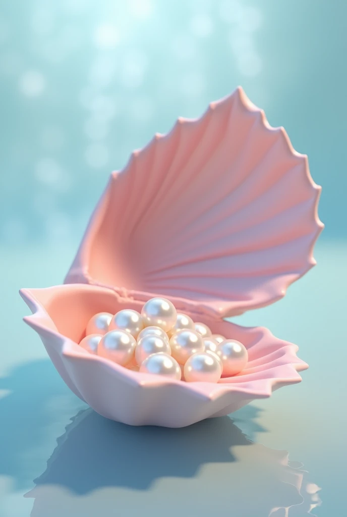 A detailed 3D rendered image of a large, elegant pink seashell partially open, revealing a cluster of lustrous pearls inside. The seashell should have a smooth, glossy texture with subtle, iridescent highlights that catch the light. The pearls should be pe...