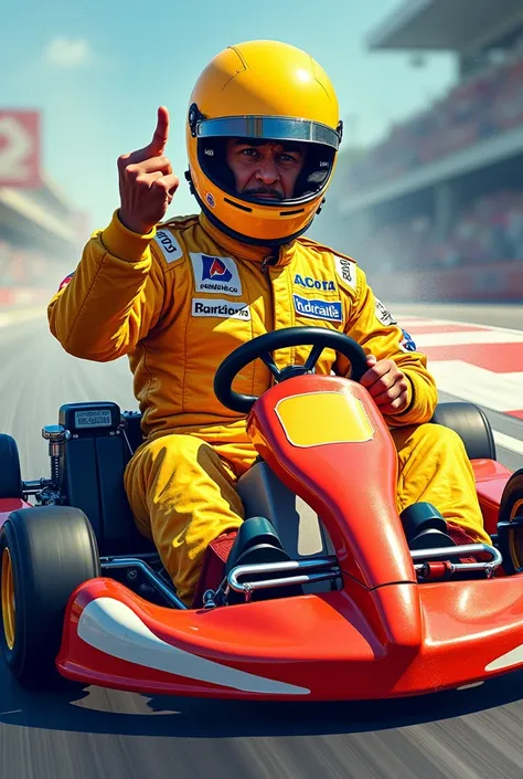 Ayrton Senna in a kart giving the middle finger drawing