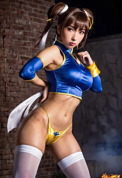 1 cute yuna, sexy chun li outfit, is in a fighting stance ready to face zombies and other terrible monsters. Halloween night. View from low angle focused on her butt
