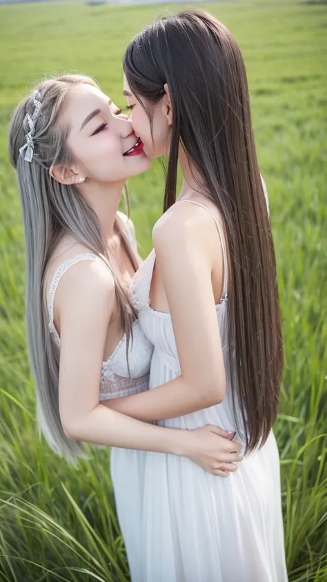 High resolution, Small breasts、White clothes、Transparency、Long Hair、Gray Hair、smile（Tongue out）、twins、kiss、grassland、Small breasts、Shortcuts, Gray Hair、kiss