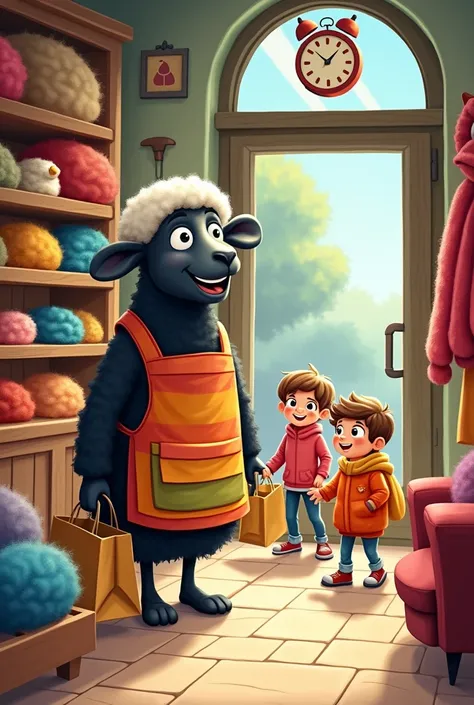 Create a  cartoon  black sheep  as a shopkeeper  who is standing on  his woolen items  shop with  three cartoon  children of  eight years old   are going back with big shopping  bags