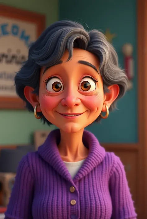 In animation, An elderly person who is a woman and Bolivian, He has short, black hair, Her eyes are brown and she has a very nice smile.. She is wearing a purple sweater and behind her are the words "marina" 
