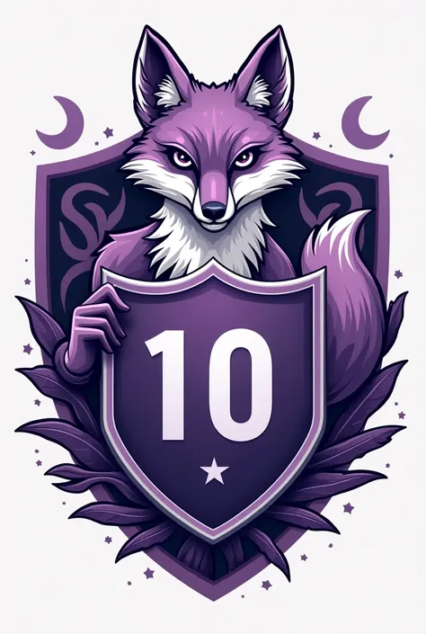 Create a team shield with the mascot being a fox, with the colors purple and white, the shield may be inspired by the liverpool team.