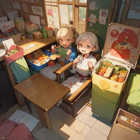 Illustrations for childrens picture books,realistic, detailed illustration,A lively town square filled with people of all ages, from children to elderly, eating japanese style bento boxes. Their faces are visibly brightening as they eat, with smiles spread...