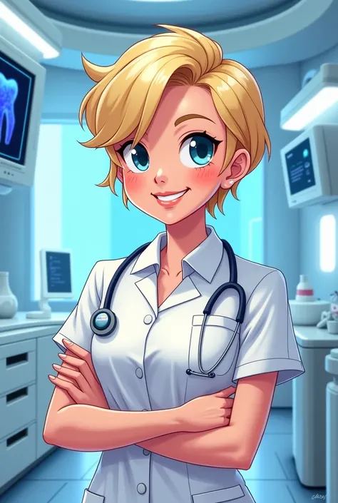 Cartoon woman dentist future short blonde hair