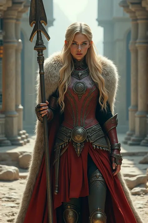 Photorealistic image ((Masterpiece)), ((high quality)) UHD 8K, of a real Viking goddess, Gnna, strong, slim body, skinny waist, model tall, full body, (long blonde hair), (blue eyes), (((Hyper-realistic fantasy full armor, with ivory red metal and intricat...