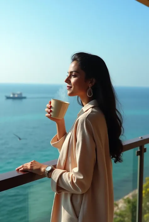 Himanshi Khurana standing in balcony, enjoying coffee with Seaview, real photo 