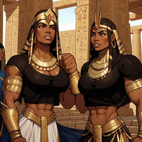 Very huge muscle female ancient egytpian warrior 2 female royal guards, protecting the pharaoh, with adoring look, extremely tanned, dark skinned, huge pecs, oiled skin, sunny, ancient egypt, pyramid on the background