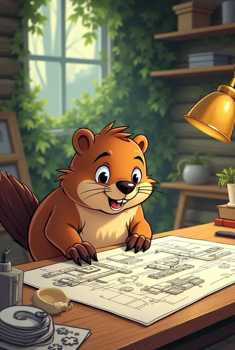 A young beaver drawing a plan (90s cartoon style) 