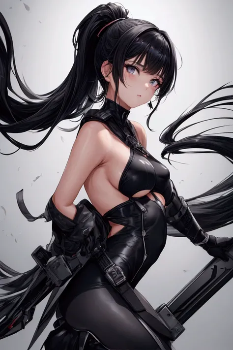 Eve, stellar blade, 8k,highres, 1girl, front lighting, simple background, gray background, looking at the viewer, bodysuit, black hair and dark black hair, fringe, hair tied in ponytail style, video game, heels, gloves, boobs, honey colored eyes, white ski...