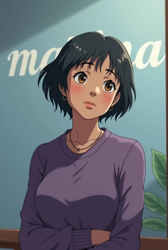 in anime, An elderly person who is a woman and Bolivian, He has short, black hair, His eyes are brown and he has a calm and serene expression.. He is wearing a purple sweater. And behind her she has as a background the word that says "marina" 
