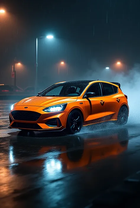 Ford focus mk4 st 2021 in orange with black rims at night driving in the rain 