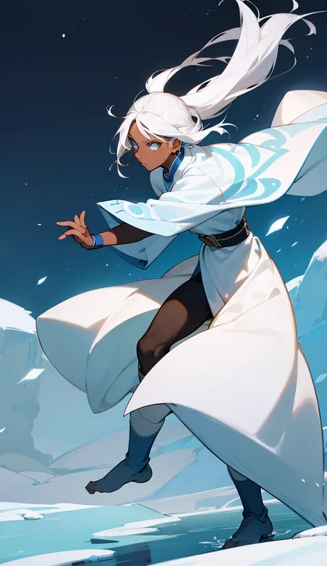 A character from the water tribe from the animation the legend of aang, darkskin, White hair, winter clothing, whole body