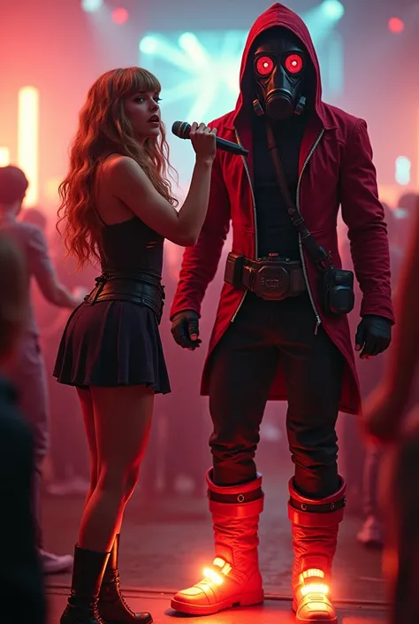 Taylor Swift, realistic, big breasts, full body, microphone & Youg Star-lord with red hoodie, headphones, Star-lord helmet, rocket boots, gas helmet, covered mouth, round red eyes, front cover, Dj, fire in boots, party, red eyes.