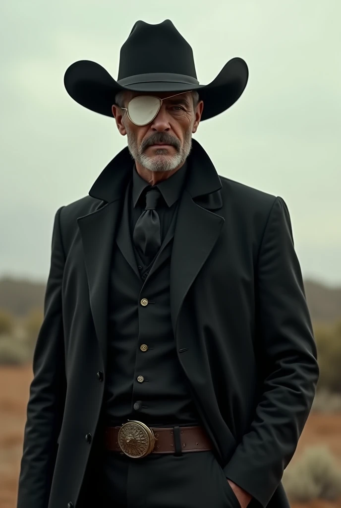 A guy wearing all black 1900s clothing wearing a black hat and a white left eye patch who lives in Texas