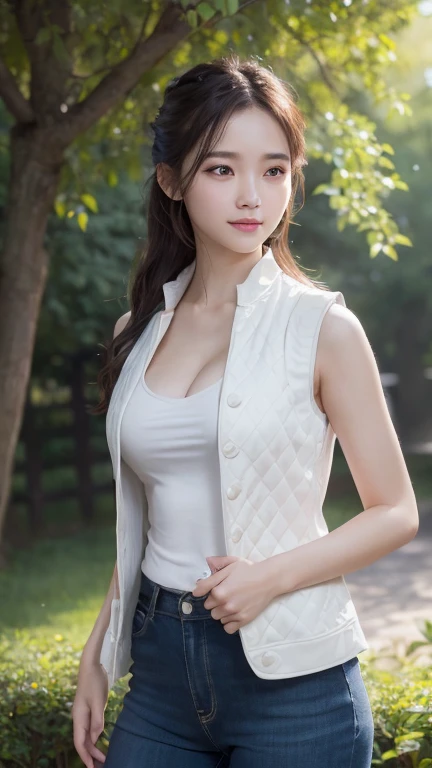 An innocent 20-year-old girl、((White vest, Dramatic Pose)),smile,Shortcuts,nature Park、Original photo, (8k、Highest quality、masterpiece:1.2)、(Intricate details:1.4)、(realism:1.4)、Octane Rendering、Ultra-detailed and intricate 3D rendering, Studio Soft Light,...