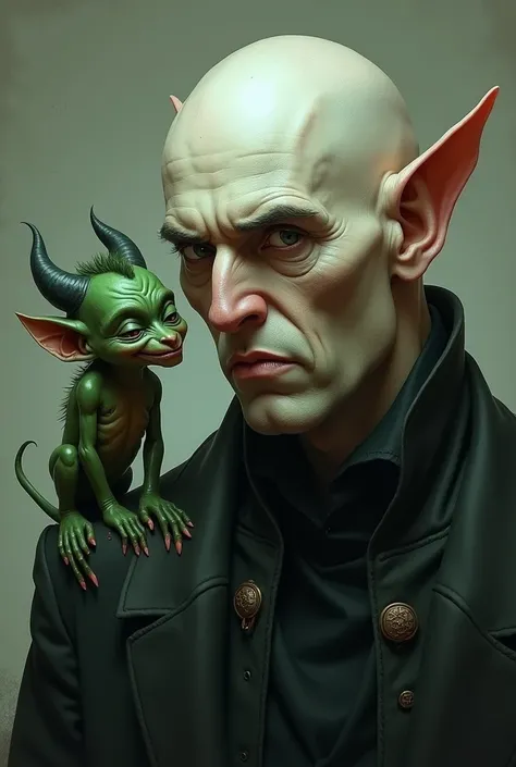 a bald albino with a little green devil sitting on his shoulder. the devil is saying the word: resentment.