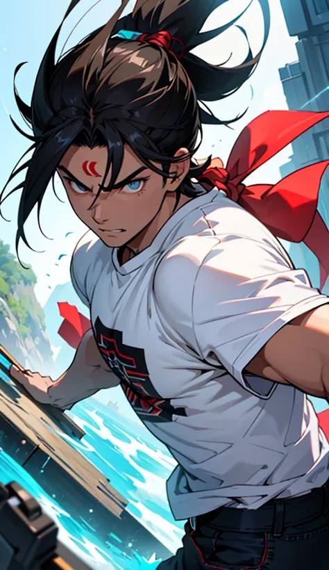 Sanraku is a young gamer, anime protagonist "Shangri-la Frontier." He has a distinctive appearance with spiky black hair., that fall lightly on your forehead. His eyes are intense and determined, reflecting your passion for games. He wears casual clothes, ...