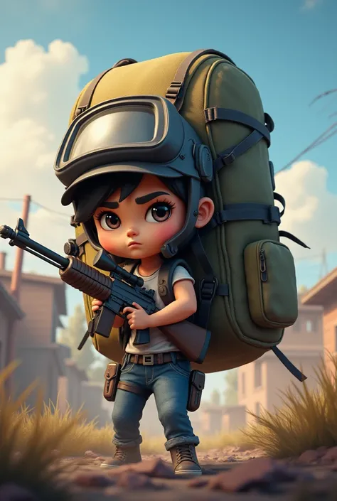 A PUBG character with a rifle in his hand carrying a large backpack, since this backpack looks a lot like another player being carried on the back. The image is from the mobile version (more childish)