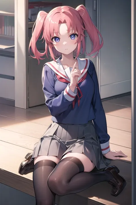 kobeniyonomori, kobeni yonomori, (purple eyes:1.1), pink hair, short hair, two side up,
BREAK school uniform, serafuku, sailor collar, white sailor collar, blue shirt, long sleeves, skirt, grey skirt, pleated skirt,
BREAK looking at viewer, full body,
BREA...