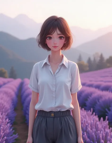 Realistic, beautiful woman 40 years pixie cut brown hair thin smile wearing white shirt and dark grey trousers, 170 cm tall, 60 kgs, standing in front of purple lavender garden, hillside, foggy morning, purple atmosphere 