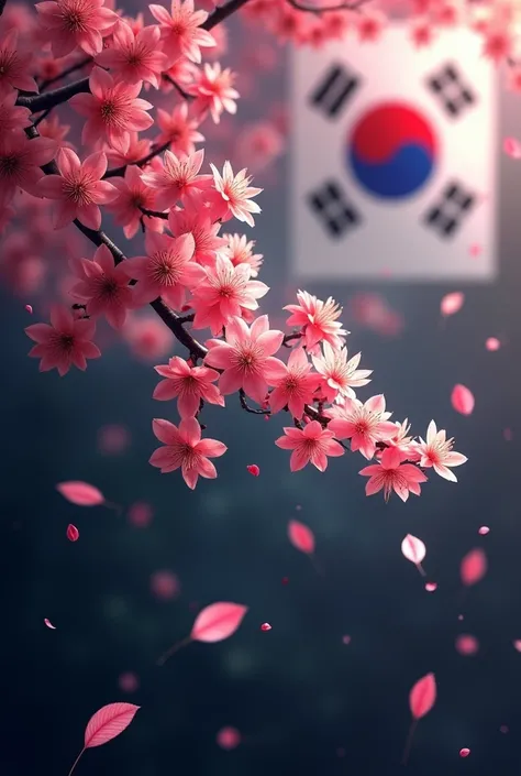 Art involving Sakura leaves, South Korea country symbol in the upper right corner and on the black background