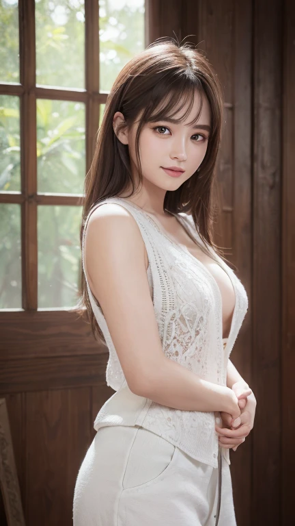 An innocent 20-year-old girl、((White vest, Dramatic Pose)),smile,Shortcuts,nature Park、Original photo, (8k、Highest quality、masterpiece:1.2)、(Intricate details:1.4)、(realism:1.4)、Octane Rendering、Ultra-detailed and intricate 3D rendering, Studio Soft Light,...