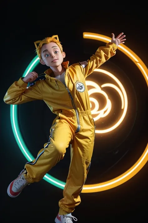 Create a logo for me that shows the top of a 3D cartoon character wearing a jumpsuit , behind this character a circle that surrounds him with the colors yellow and orange,